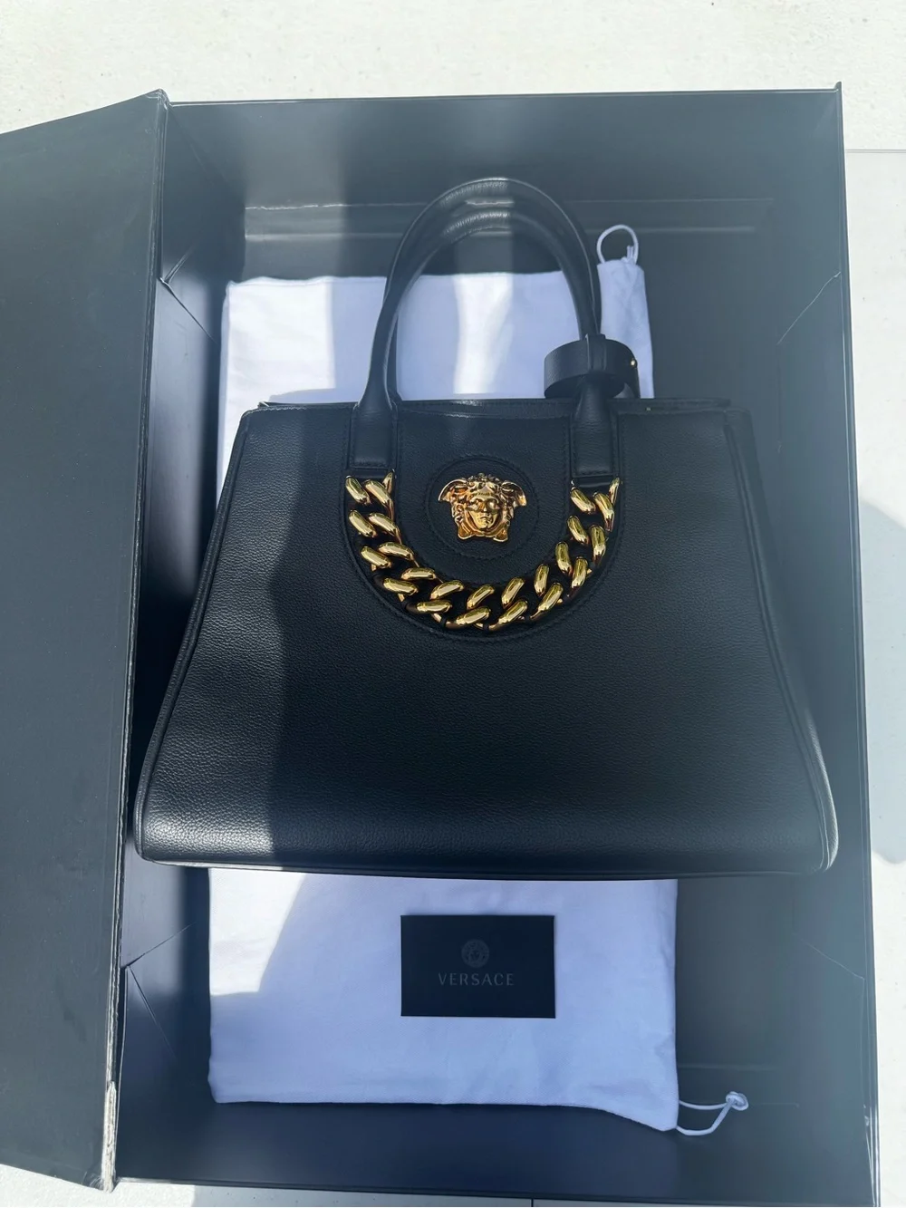 “Authentic Versace Medusa Black Leather Tote Gold Chain w/ Box and Dust bag”